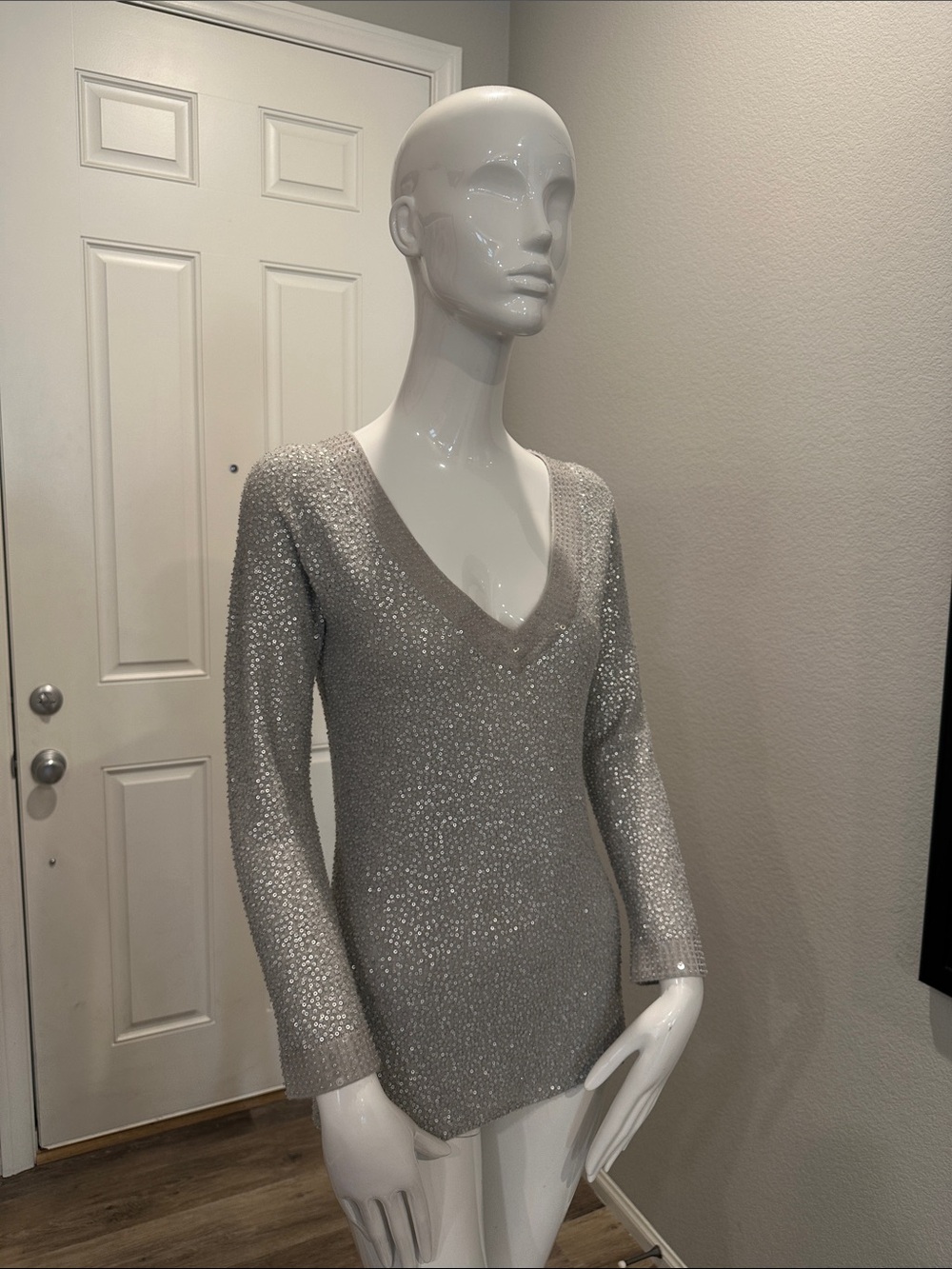 Donna Karan Silver Sequin Embellished Sweater